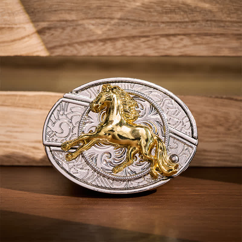 Boucle de couteau pliant dissimulé à faire soi-même, motif cheval au galop argenté et doré, ceinture en cuir - Cheval au galop - Sans ceinture - Ceinture non incluse - image 0