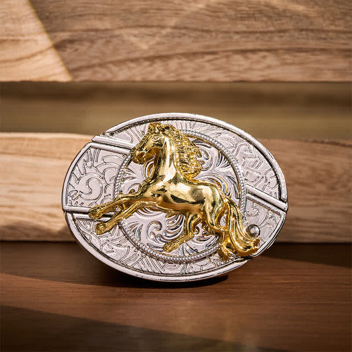 Boucle de couteau pliant dissimulé à faire soi-même, motif cheval au galop argenté et doré, ceinture en cuir - Cheval au galop - Sans ceinture - Ceinture non incluse - image 0