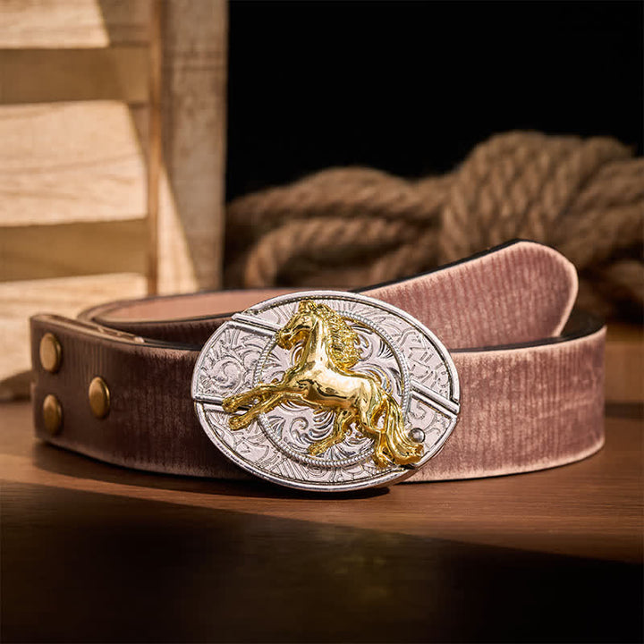 Boucle de couteau pliant dissimulé à faire soi-même, motif cheval au galop argenté et doré, ceinture en cuir - Cheval au galop - Ceinture marron vieillie - 42 - image 5