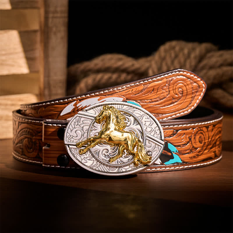 Boucle de couteau pliant dissimulé à faire soi-même, motif cheval au galop argenté et doré, ceinture en cuir - Cheval au galop - Ceinture de plumes brunes - 40 - image 7