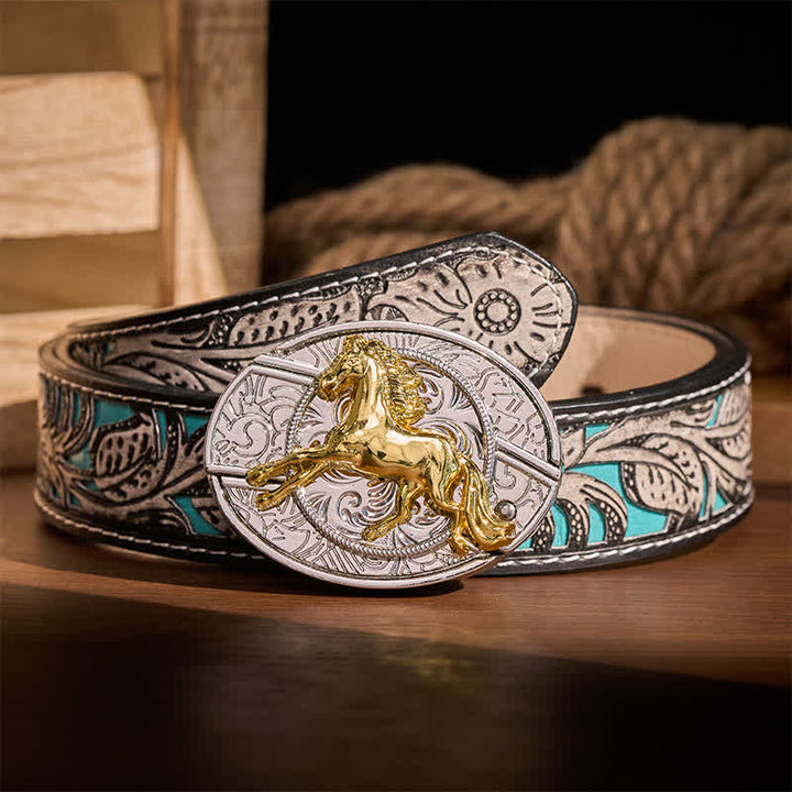 Boucle de couteau pliant dissimulé à faire soi-même, motif cheval au galop argenté et doré, ceinture en cuir - Cheval au galop - Ceinture à fleurs grises - 42 - image 8