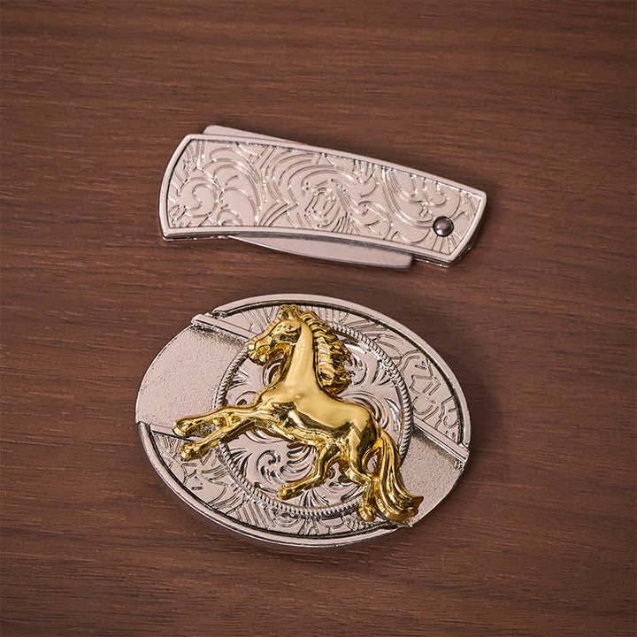 Boucle de couteau pliant dissimulé à faire soi-même, motif cheval au galop argenté et doré, ceinture en cuir - image 10