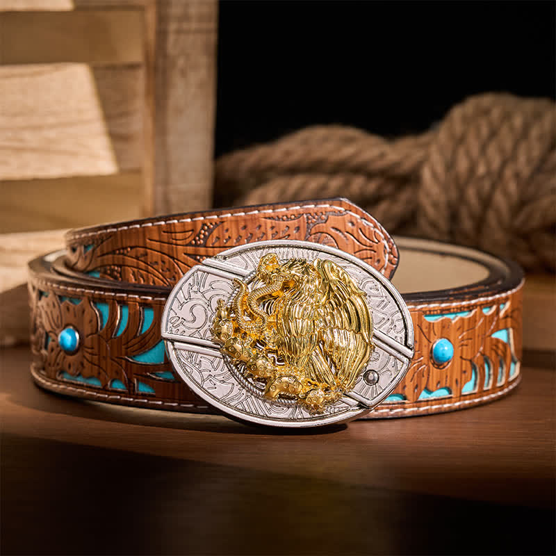 Couteau pliant dissimulé Gold Eagle Serpent DIY avec boucle argentée et ceinture en cuir - Aigle et Serpent - Ceinture turquoise sculptée - 42 - image 3