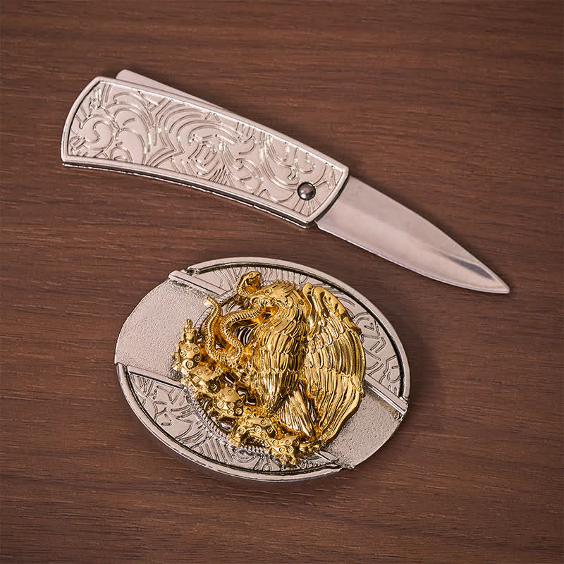 Couteau pliant dissimulé Gold Eagle Serpent DIY avec boucle argentée et ceinture en cuir - image 1