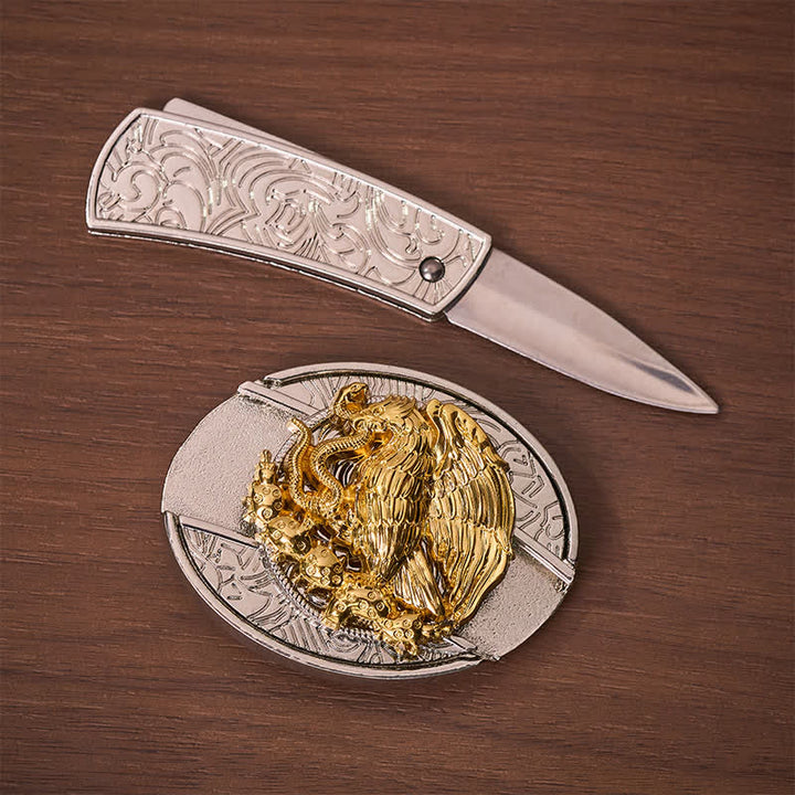 Couteau pliant dissimulé Gold Eagle Serpent DIY avec boucle argentée et ceinture en cuir - image 1