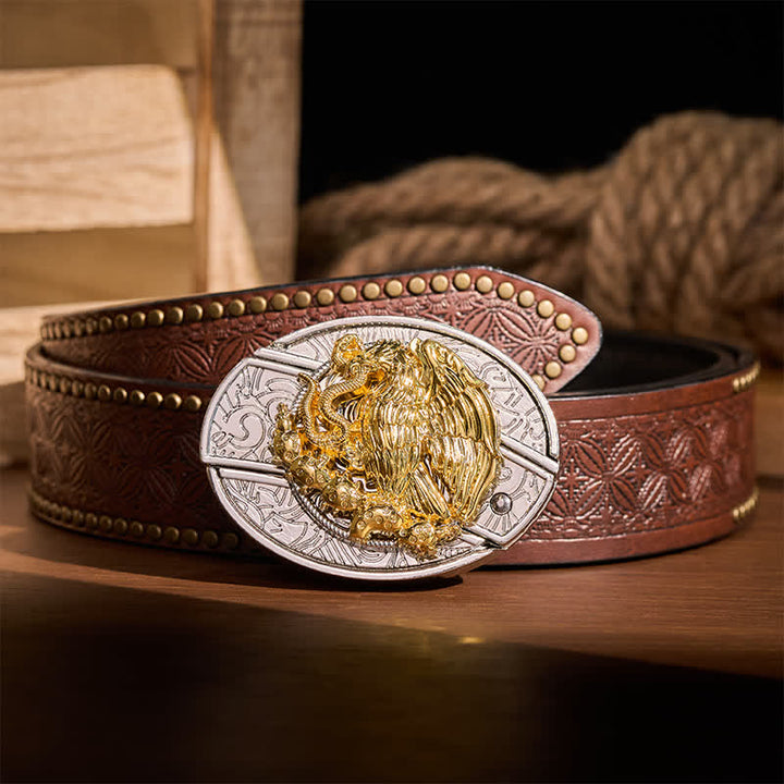 Couteau pliant dissimulé Gold Eagle Serpent DIY avec boucle argentée et ceinture en cuir - Aigle et Serpent - Ceinture à rivets marron - 42 - image 4
