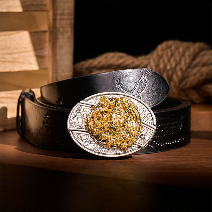 Couteau pliant dissimulé Gold Eagle Serpent DIY avec boucle argentée et ceinture en cuir - Aigle et Serpent - Ceinture noire à motif aigle en relief - 42 - image 2