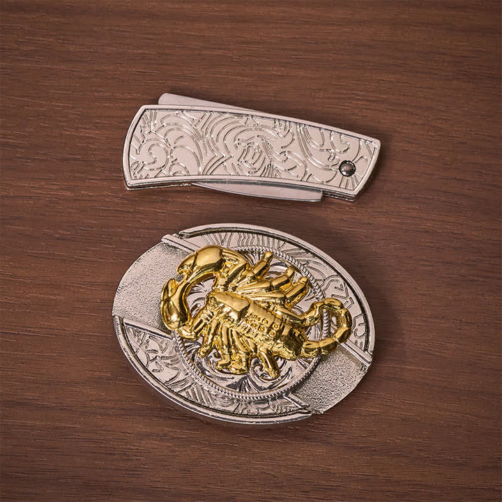 Boucle de ceinture en cuir avec couteau pliant dissimulé à motif scorpion gothique argenté et doré - image 10