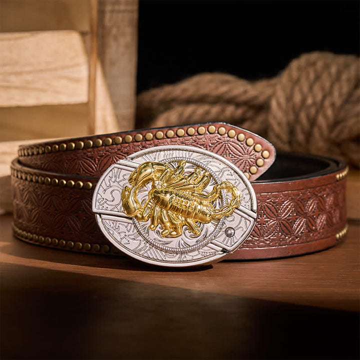 Boucle de ceinture en cuir avec couteau pliant dissimulé à motif scorpion gothique argenté et doré - Scorpion - Ceinture à rivets marron - 42 - image 4