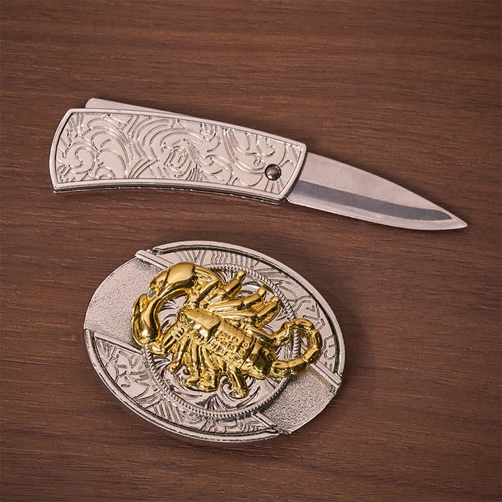 Boucle de ceinture en cuir avec couteau pliant dissimulé à motif scorpion gothique argenté et doré - image 1