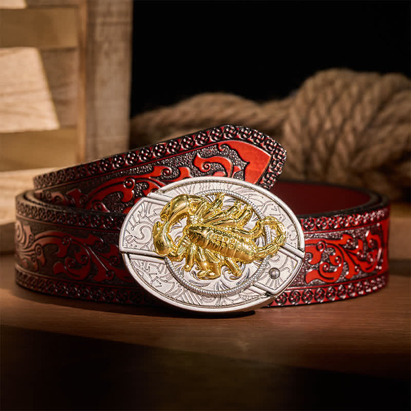 Boucle de ceinture en cuir avec couteau pliant dissimulé à motif scorpion gothique argenté et doré - Scorpion - Ceinture sculptée marron - 42 - image 6