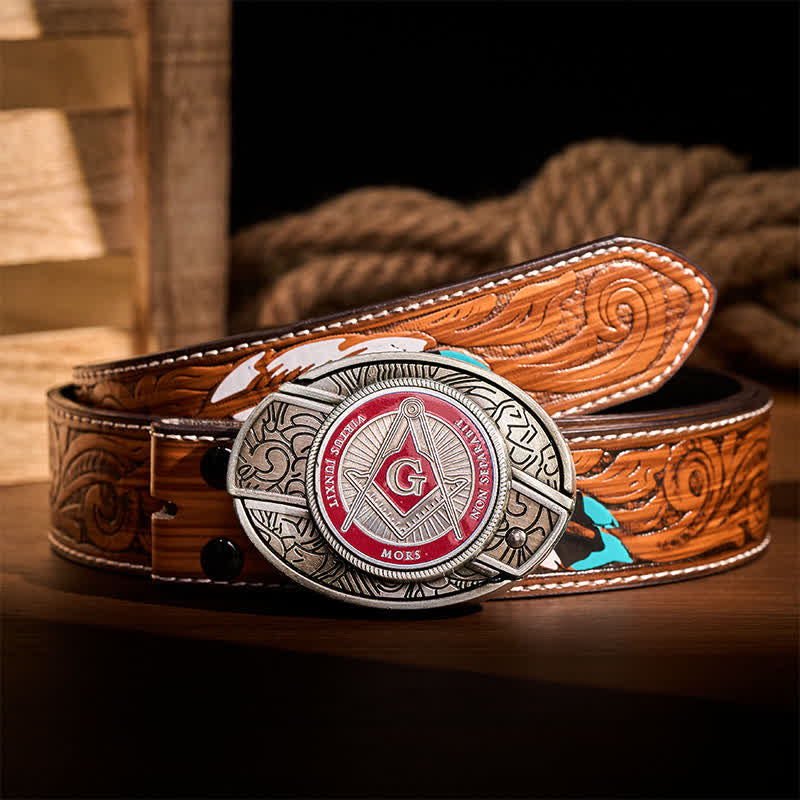 Boucle de couteau pliant dissimulée à l'aide d'un symbole maçonnique en émail rouge, à monter soi-même, ceinture en cuir - Rouge - Ceinture de plumes brunes - 40 - image 7