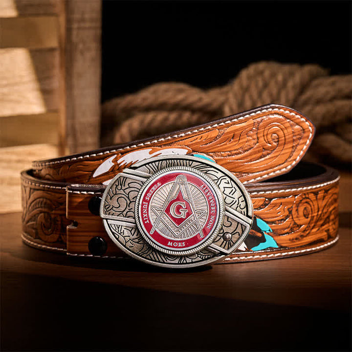 Boucle de couteau pliant dissimulée à l'aide d'un symbole maçonnique en émail rouge, à monter soi-même, ceinture en cuir - Rouge - Ceinture de plumes brunes - 40 - image 7