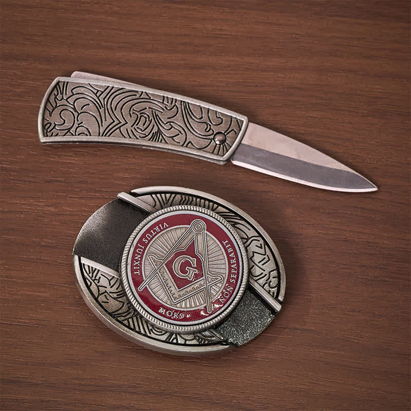 Boucle de couteau pliant dissimulée à l'aide d'un symbole maçonnique en émail rouge, à monter soi-même, ceinture en cuir - image 1