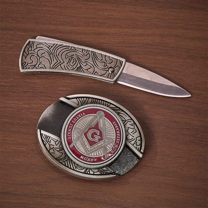 Boucle de couteau pliant dissimulée à l'aide d'un symbole maçonnique en émail rouge, à monter soi-même, ceinture en cuir - image 1