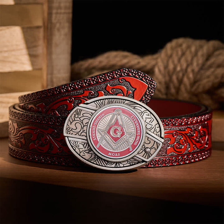 Boucle de couteau pliant dissimulée à l'aide d'un symbole maçonnique en émail rouge, à monter soi-même, ceinture en cuir - Rouge - Ceinture sculptée marron - 42 - image 6