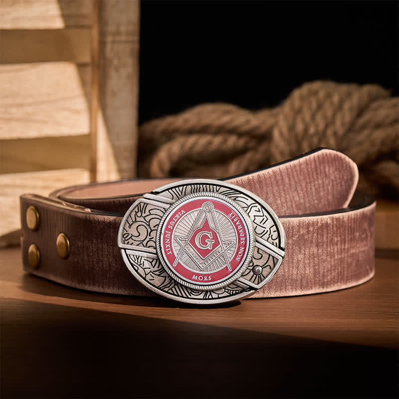 Boucle de couteau pliant dissimulée à l'aide d'un symbole maçonnique en émail rouge, à monter soi-même, ceinture en cuir - Rouge - Ceinture marron vieillie - 42 - image 5