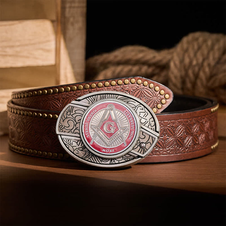 Boucle de couteau pliant dissimulée à l'aide d'un symbole maçonnique en émail rouge, à monter soi-même, ceinture en cuir - Rouge - Ceinture à rivets marron - 42 - image 4
