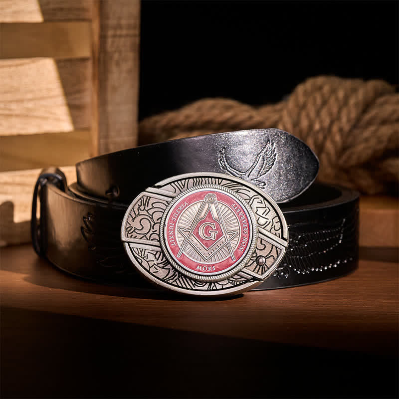 Boucle de couteau pliant dissimulée à l'aide d'un symbole maçonnique en émail rouge, à monter soi-même, ceinture en cuir - Rouge - Ceinture noire à motif aigle en relief - 42 - image 2