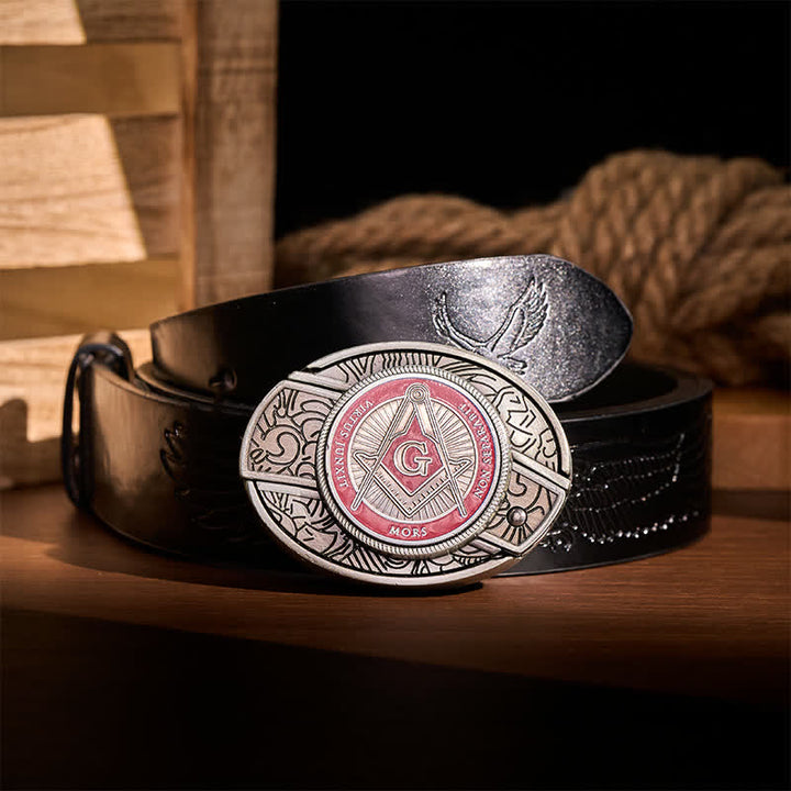 Boucle de couteau pliant dissimulée à l'aide d'un symbole maçonnique en émail rouge, à monter soi-même, ceinture en cuir - Rouge - Ceinture noire à motif aigle en relief - 42 - image 2