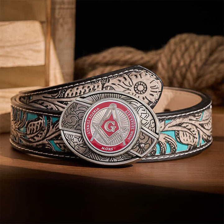 Boucle de couteau pliant dissimulée à l'aide d'un symbole maçonnique en émail rouge, à monter soi-même, ceinture en cuir - Rouge - Ceinture à fleurs grises - 42 - image 8