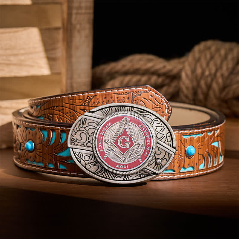 Boucle de couteau pliant dissimulée à l'aide d'un symbole maçonnique en émail rouge, à monter soi-même, ceinture en cuir - Rouge - Ceinture turquoise sculptée - 42 - image 3