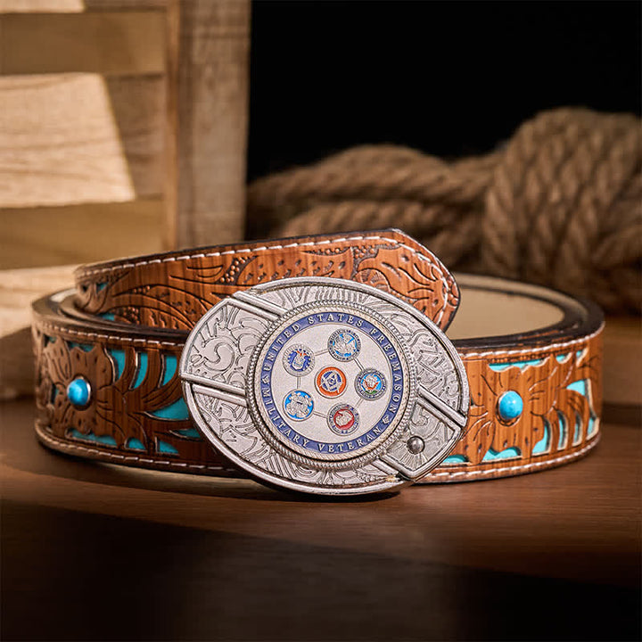 Ceinture en cuir avec boucle de couteau pliant dissimulé, fabriquée par un ancien combattant franc-maçon de l'armée américaine - Franc-maçon vétéran - Ceinture turquoise sculptée - 42 - image 3