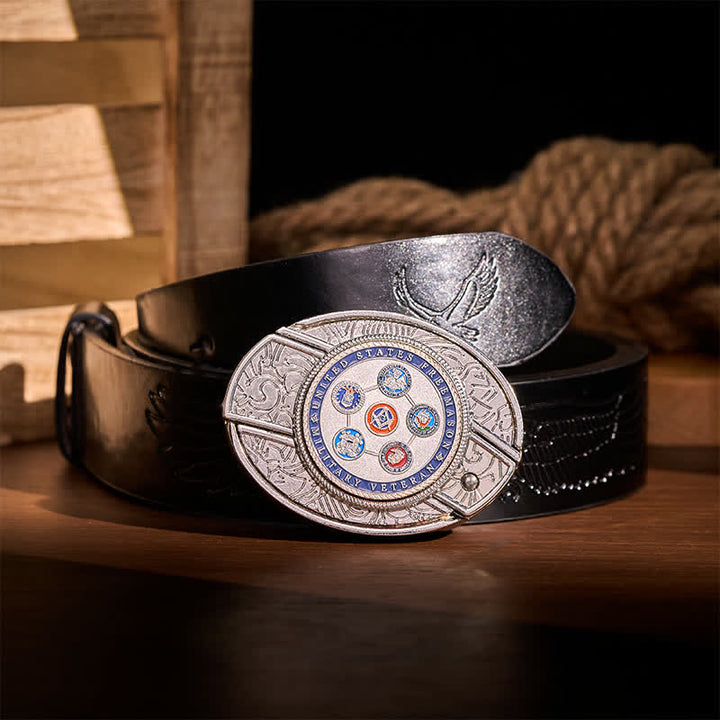 Ceinture en cuir avec boucle de couteau pliant dissimulé, fabriquée par un ancien combattant franc-maçon de l'armée américaine - Franc-maçon vétéran - Ceinture noire à motif aigle en relief - 42 - image 2
