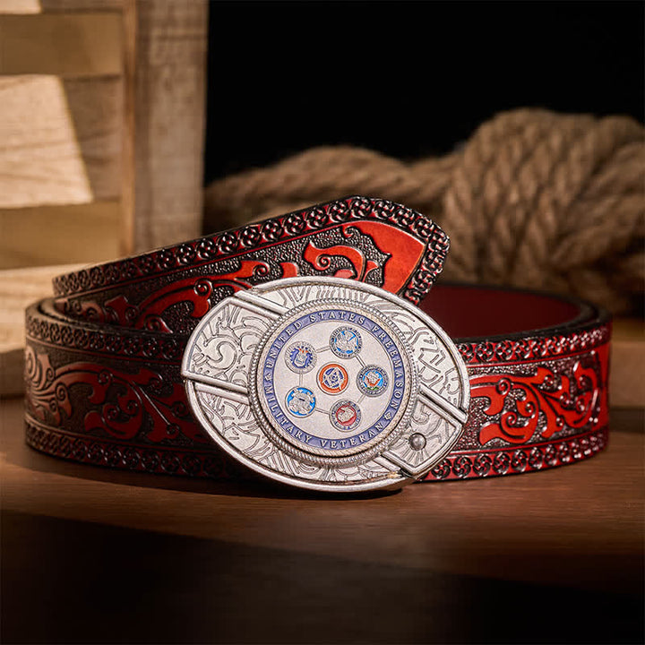 Ceinture en cuir avec boucle de couteau pliant dissimulé, fabriquée par un ancien combattant franc-maçon de l'armée américaine - Franc-maçon vétéran - Ceinture sculptée marron - 42 - image 6