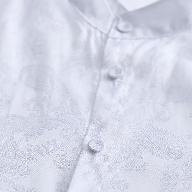 Chemise à manches longues pour homme, en satin jacquard foncé rose, col montant - image 15