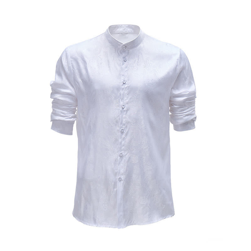 Chemise à manches longues pour homme, en satin jacquard foncé rose, col montant - Blanc - 2XL - image 0