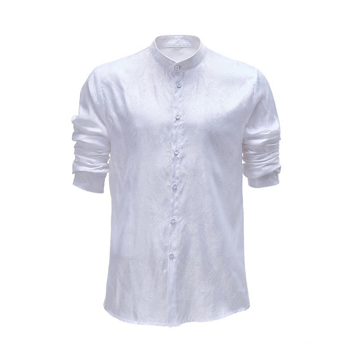 Chemise à manches longues pour homme, en satin jacquard foncé rose, col montant - Blanc - 2XL - image 0