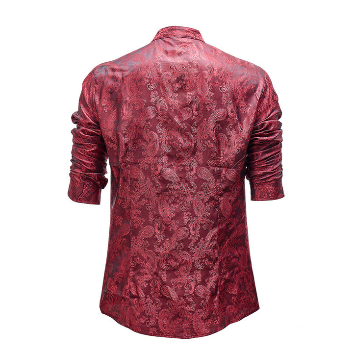 Chemise à manches longues pour homme, en satin jacquard foncé rose, col montant - image 18