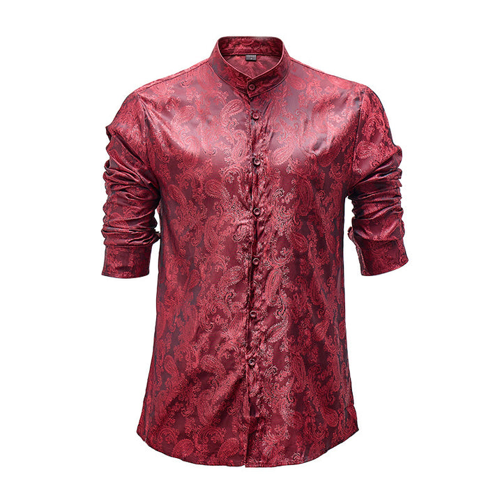 Chemise à manches longues pour homme, en satin jacquard foncé rose, col montant - Rouge - 2XL - image 5