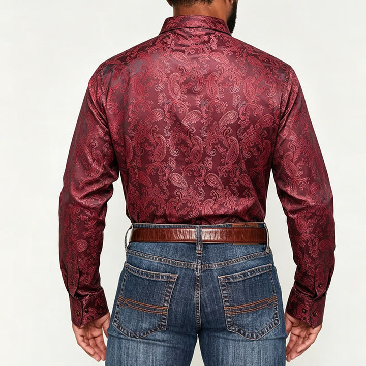 Chemise à manches longues pour homme, en satin jacquard foncé rose, col montant - image 8