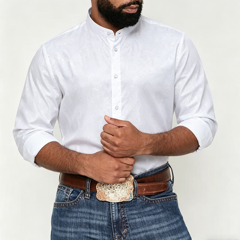 Chemise à manches longues pour homme, en satin jacquard foncé rose, col montant - image 1
