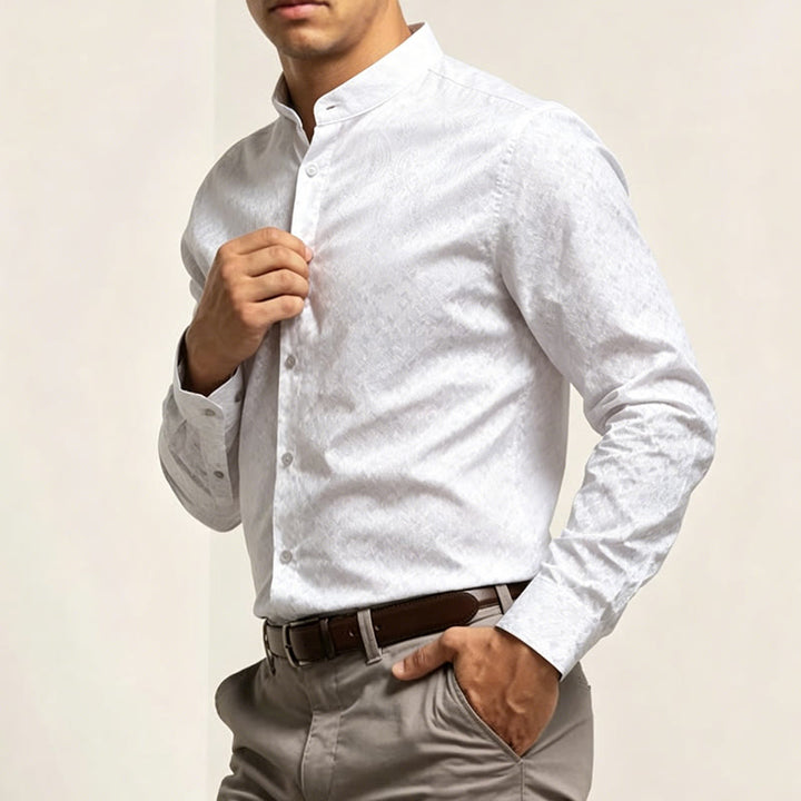 Chemise à manches longues pour homme, en satin jacquard foncé rose, col montant - image 2