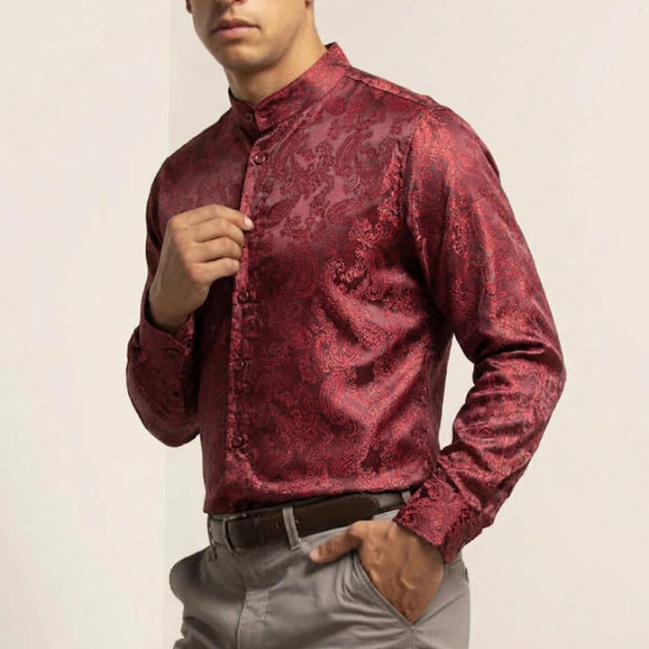 Chemise à manches longues pour homme, en satin jacquard foncé rose, col montant - image 7