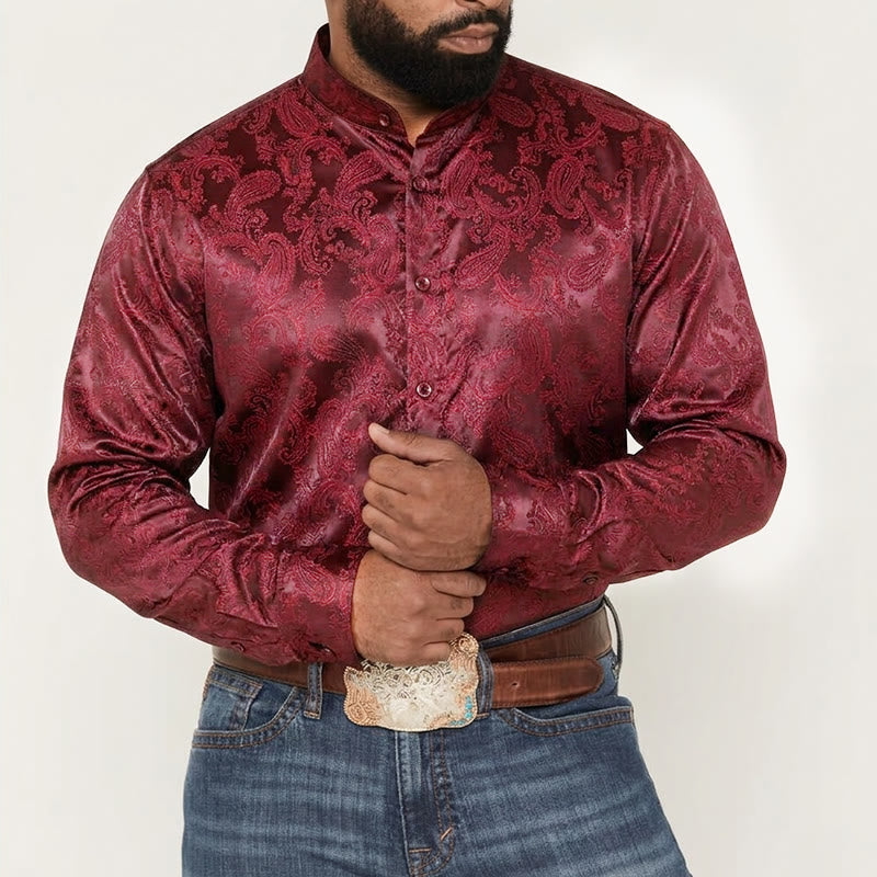 Chemise à manches longues pour homme, en satin jacquard foncé rose, col montant - image 6