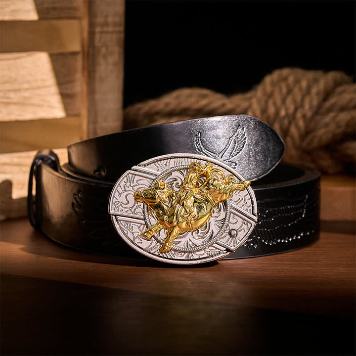 Ceinture en cuir avec boucle de couteau pliant dissimulé, style cavalier de rodéo, argent et or audacieux - Cavalier de bronco - Ceinture noire à motif aigle en relief - 42 - image 2