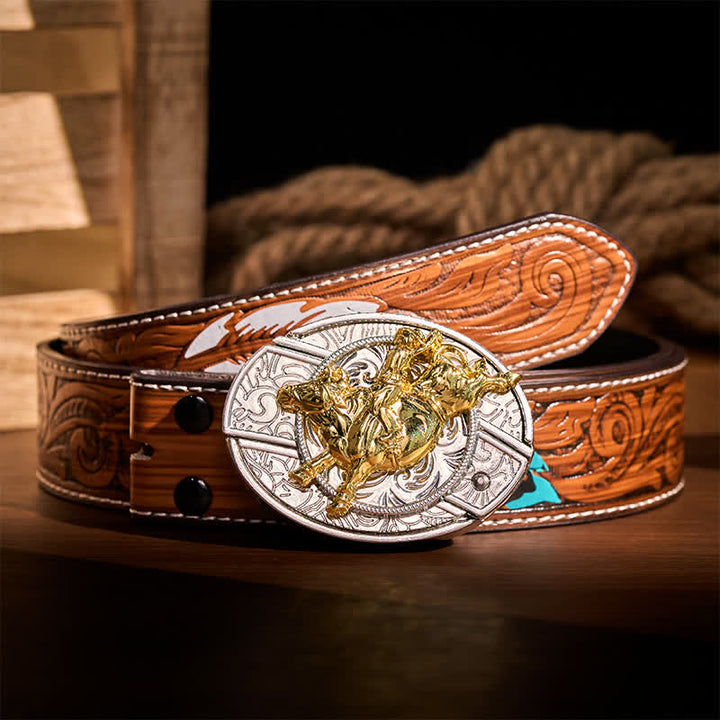 Ceinture en cuir avec boucle de couteau pliant dissimulé, style cavalier de rodéo, argent et or audacieux - Cavalier de bronco - Ceinture de plumes brunes - 40 - image 7