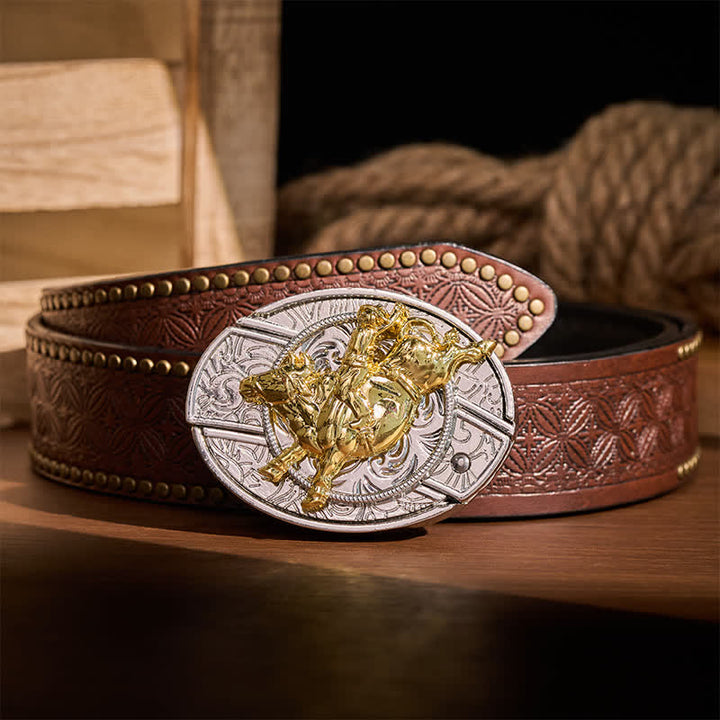 Ceinture en cuir avec boucle de couteau pliant dissimulé, style cavalier de rodéo, argent et or audacieux - Cavalier de bronco - Ceinture à rivets marron - 42 - image 4