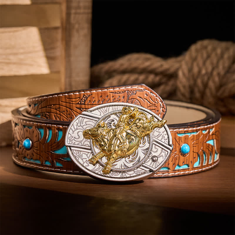 Ceinture en cuir avec boucle de couteau pliant dissimulé, style cavalier de rodéo, argent et or audacieux - Cavalier de bronco - Ceinture turquoise sculptée - 42 - image 3
