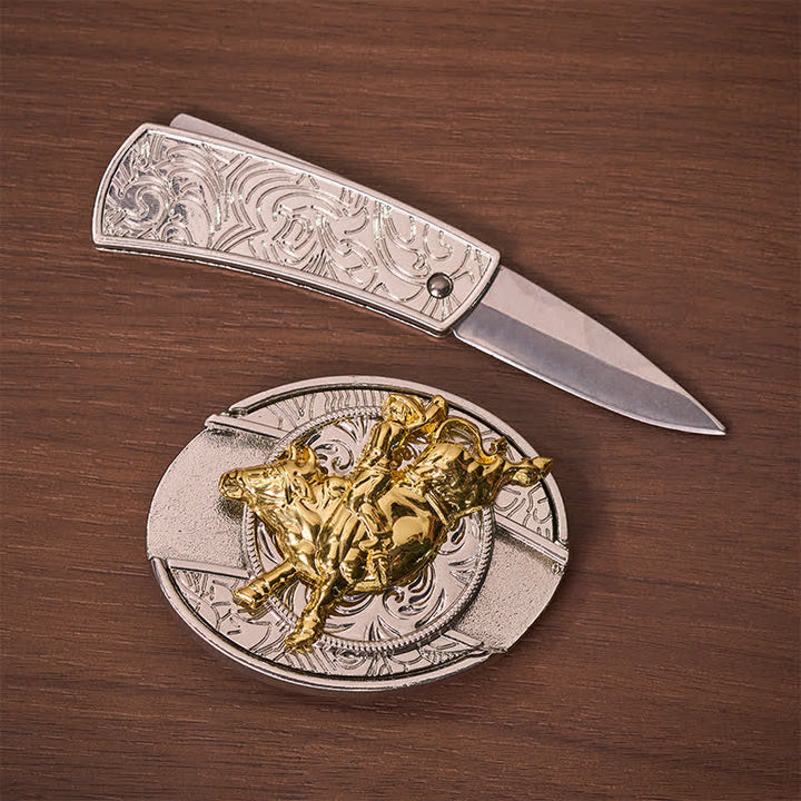Ceinture en cuir avec boucle de couteau pliant dissimulé, style cavalier de rodéo, argent et or audacieux - image 1