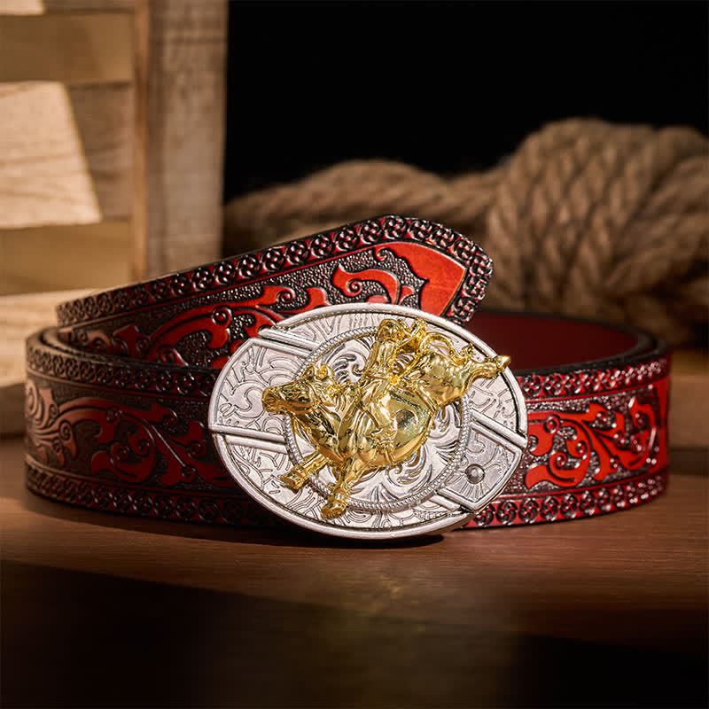 Ceinture en cuir avec boucle de couteau pliant dissimulé, style cavalier de rodéo, argent et or audacieux - Cavalier de bronco - Ceinture sculptée marron - 42 - image 6