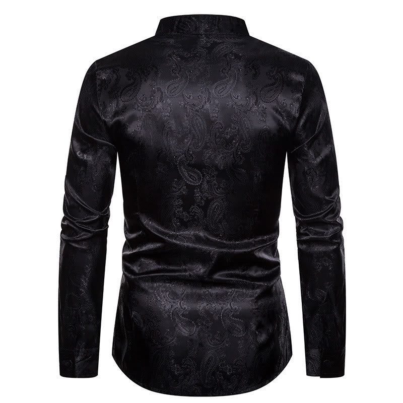 Chemise à manches longues pour homme, en satin jacquard foncé rose, col montant - image 11