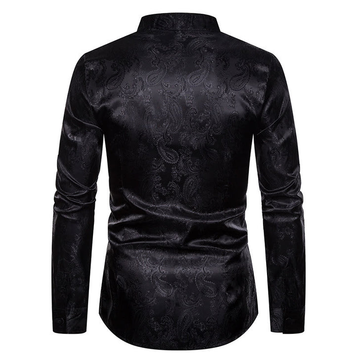 Chemise à manches longues pour homme, en satin jacquard foncé rose, col montant - image 11