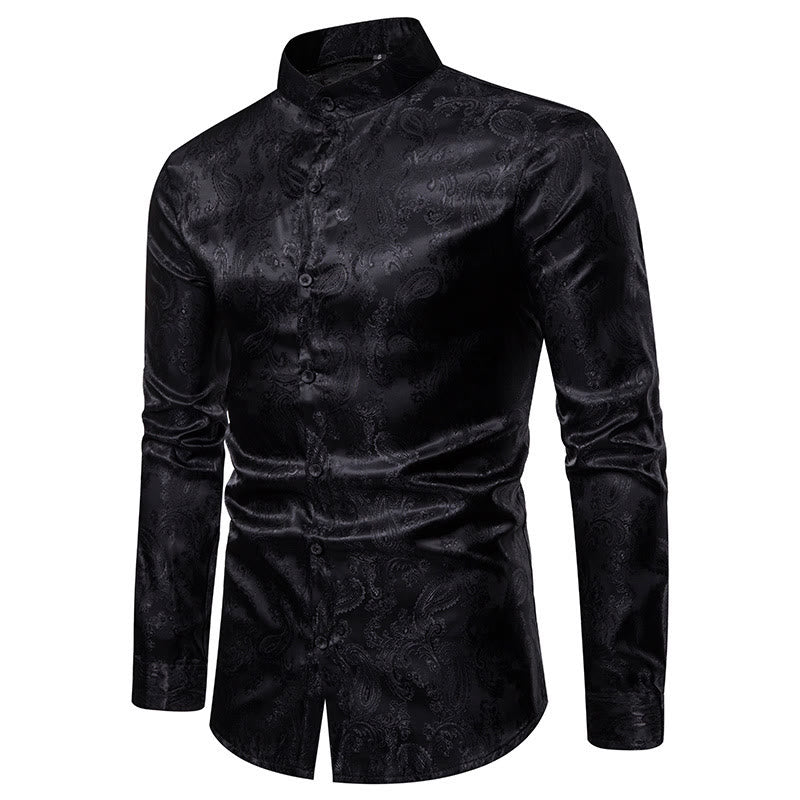 Chemise à manches longues pour homme, en satin jacquard foncé rose, col montant - image 10