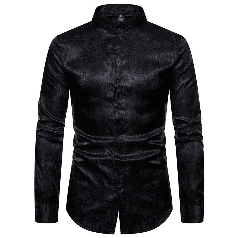 Chemise à manches longues pour homme, en satin jacquard foncé rose, col montant - Noir - 2XL - image 9