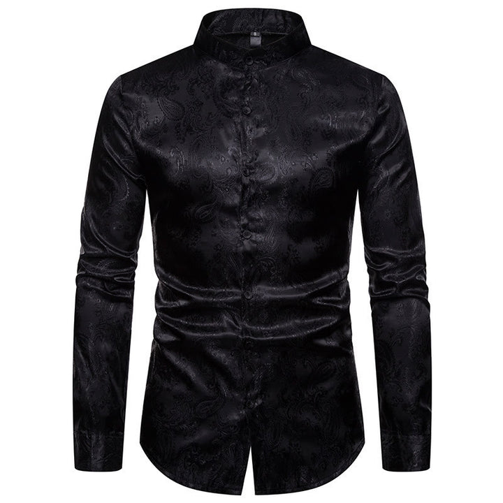 Chemise à manches longues pour homme, en satin jacquard foncé rose, col montant - Noir - 2XL - image 9